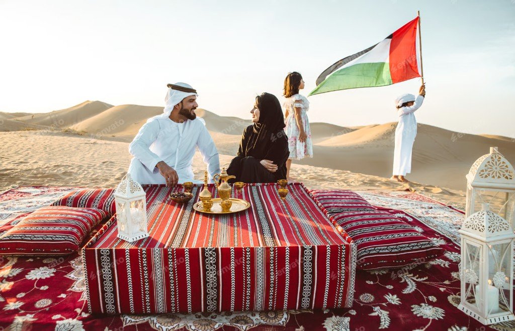 Emirati family celebrating heritage in the desert
